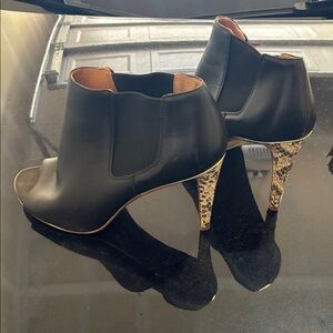 Black Peep-Toe Ankle Booties with Snakeskin Stiletto Heel